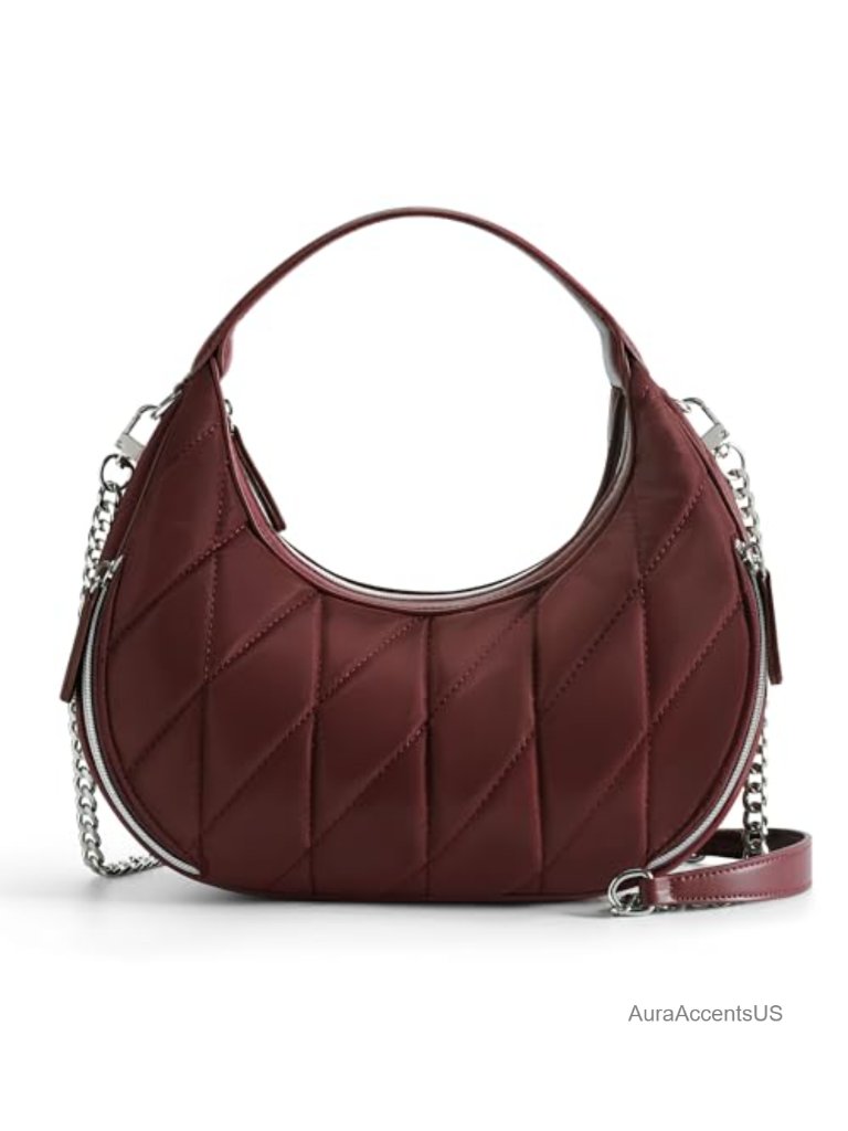 Quilted Crescent Shoulder Bag, Waterproof Nylon Crossbody With Chain Strap,